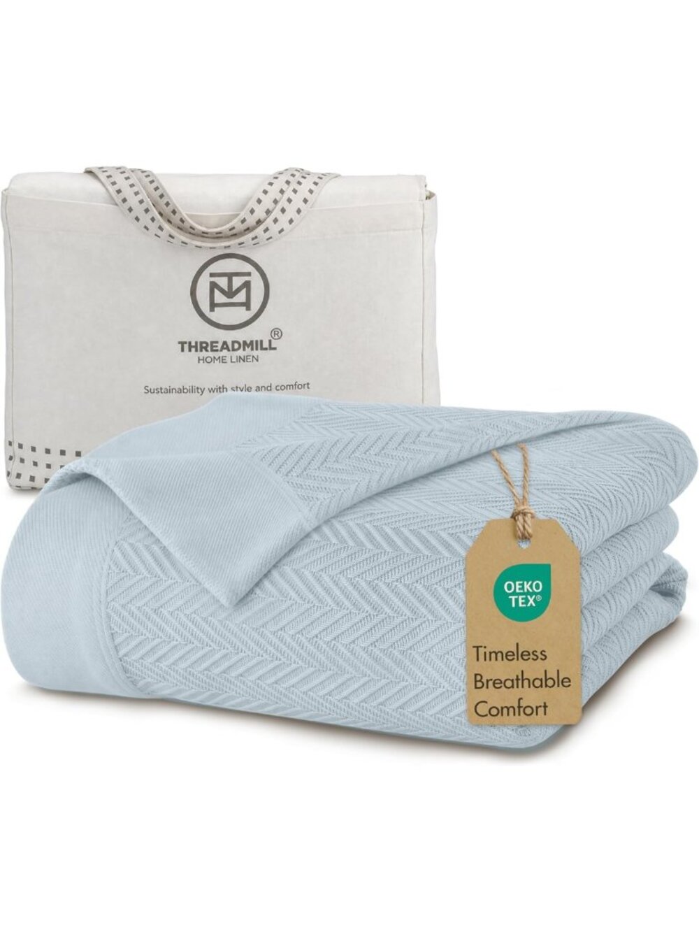 Luxury 100% Cotton Herringbone Blanket, Soft Light Blue Queen Size Throw